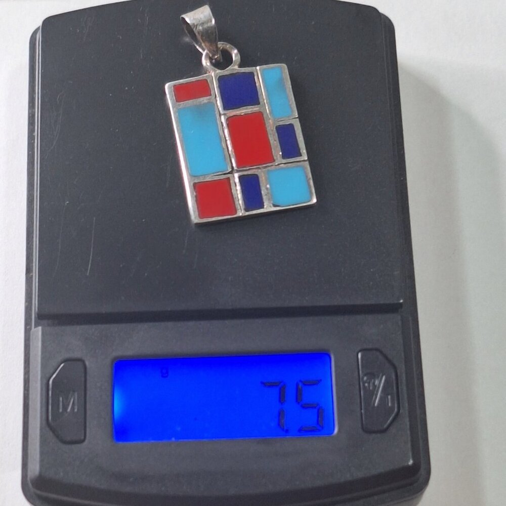 Vintage Sterling Silver Turquoise Coral Lapis Inlaid Rectangle Pendant  7.5g - Picture 12 of 12